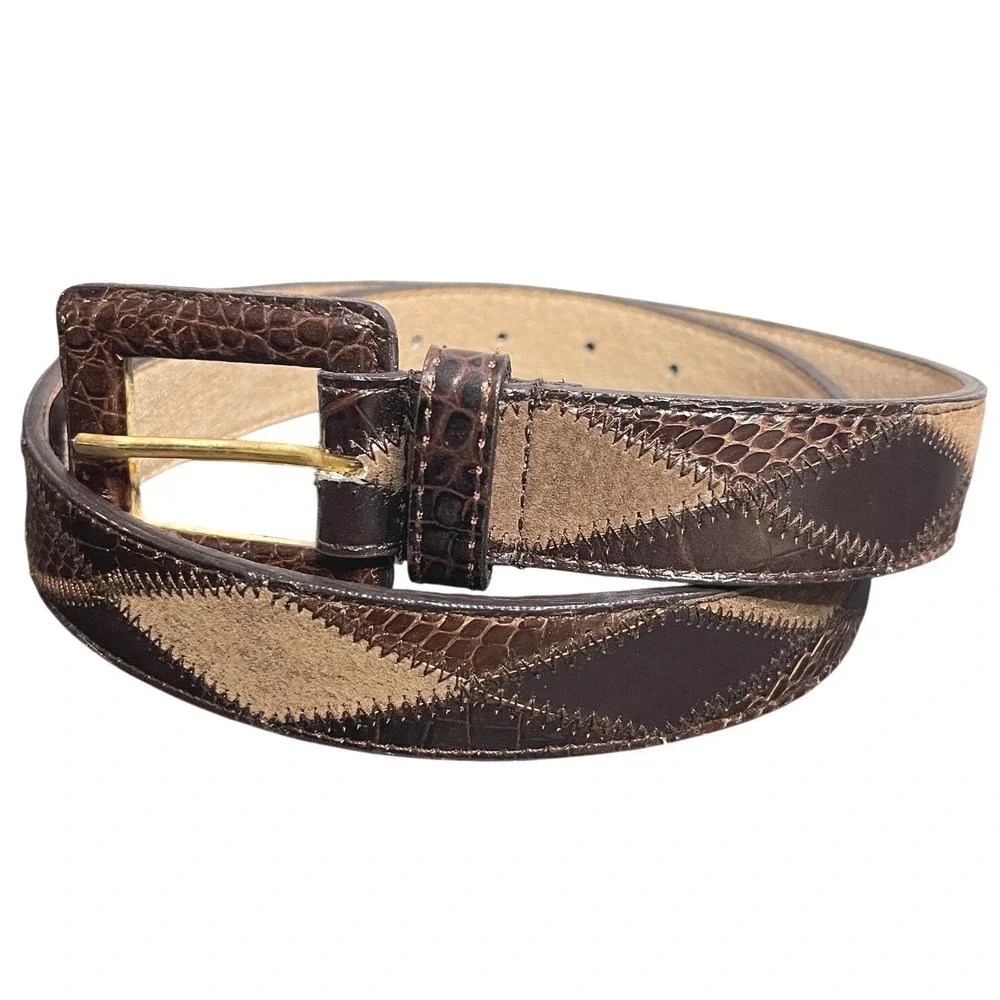 Vintage 80s Brown Croc Embossed Patchwork Leather Belt Gold Buckle Western Boho